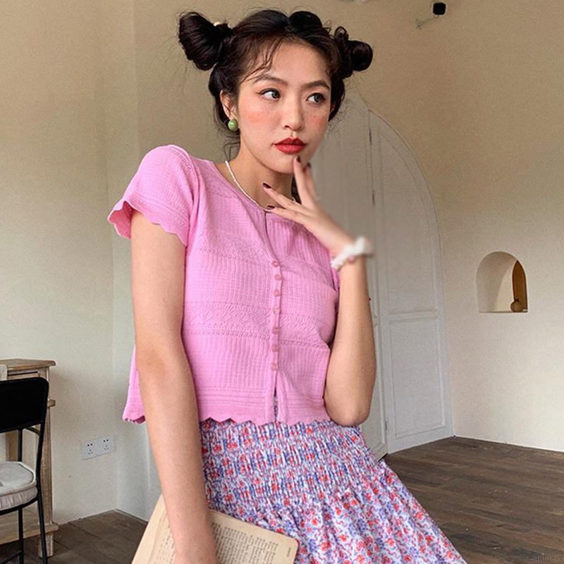 Áo croptop dệt kim tay ngắn cổ chữ v màu sắc đơn giản phong cách Hàn Quốc cho nữ