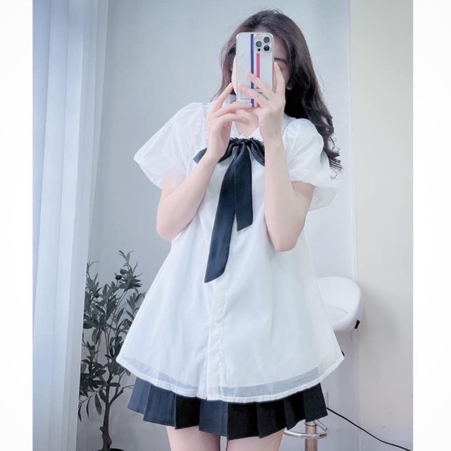 Áo sơ mi babydoll ren tơ form thụng dáng xòe áo sơ mi kiểu nữ_027