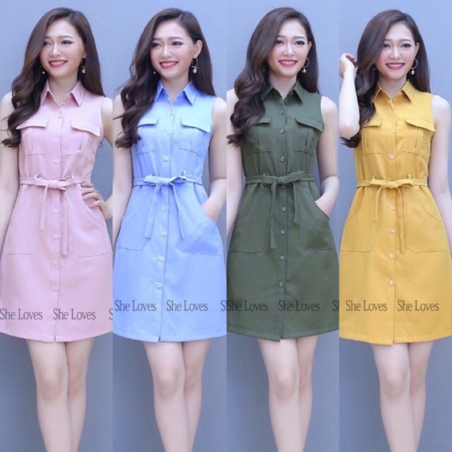 Đầm sơmi suông 2 túi đai eo _ kèm ảnh sp thật