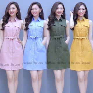 Đầm sơmi suông 2 túi đai eo _ kèm ảnh sp thật
