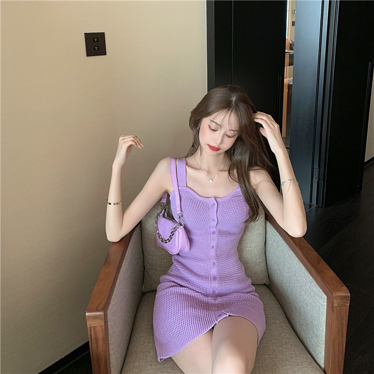 SUXI Đầm dệt kim màu tím phong cách retro xinh xắn thời trang dành cho nữ