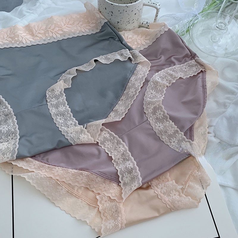 Quần Lót Lụa Lạnh Phối Ren Lưng Cao Cỡ Vừa Thời Trang Cho Nữ