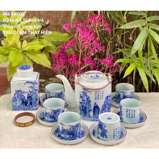 Bộ ấm tích men lam “ Trúc lâm thất hiền”. Gốm sứ Bát Tràng.