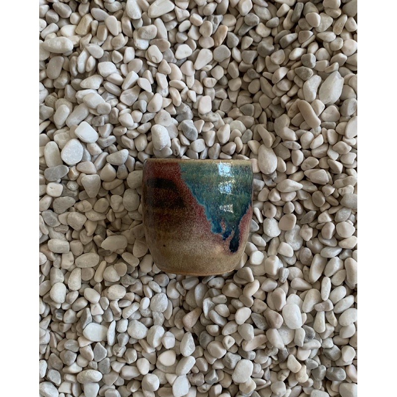 Ly gốm Nhật sưu tầm men chảy hồng xanh - 5x4,5x3,5cm