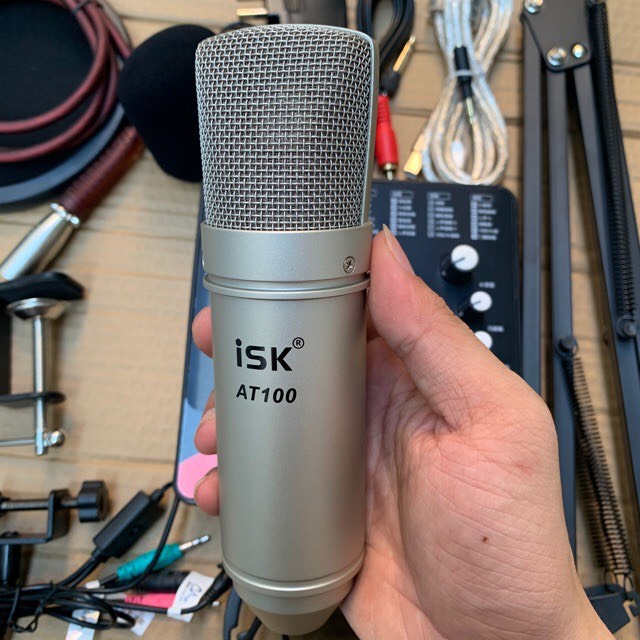 Bộ Combo Thu Âm Livestream Mic ISK AT100 Sound Card ICON UPOD PRO kèm t chân kẹp màng lọc tai nhét kèm phụ kiện BH 1 Nam