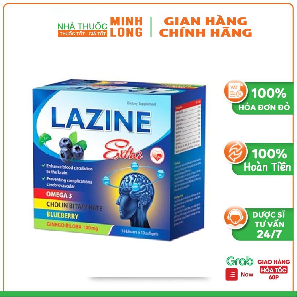 Bổ huyết dưỡng não Lazine Extra - Giúp làm giảm và cải thiện đau đầu,suy giảm trí nhớ lọ 100 viên