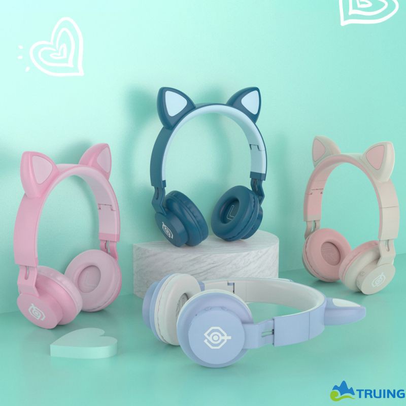 Tai Nghe Bluetooth 5.0 Không Dây Hình Tai Mèo Có Đèn Led Kèm Mic Cho Máy Tính / Điện Thoại
