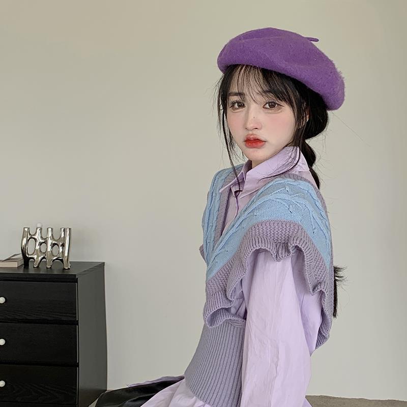 Áo Dệt Kim Sát Nách Cổ Chữ V Màu Tím Phong Cách Vintage Thời Trang Hàn Quốc