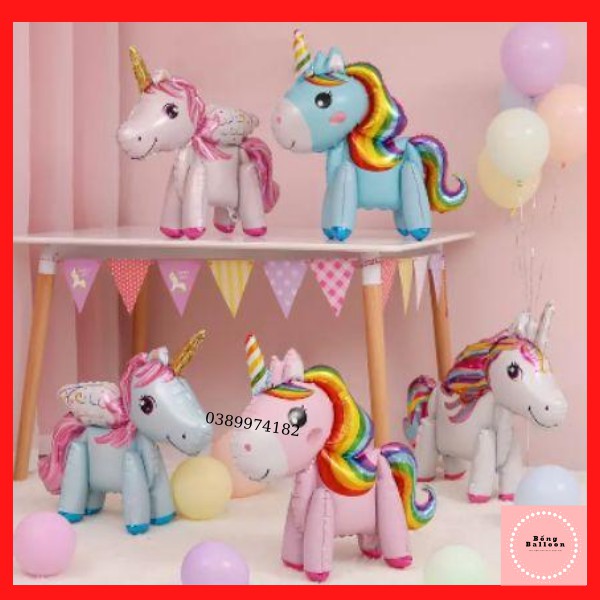 Trang trí sinh nhật 🍓TẶNG BÓNG SỐ TUỔI🍓 Set bóng bay trang trí sinh nhật cho bé gái ngựa kỳ lân 3D hồng s60