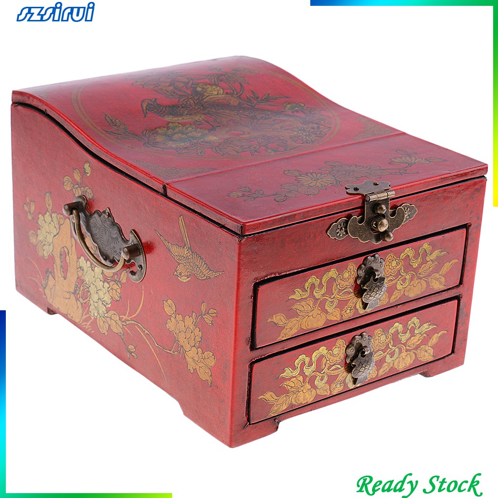 Hộp Đựng Trang Sức Bằng Gỗ 2 Ngăn Kéo 1 Gương Phong Cách Vintage Ốp