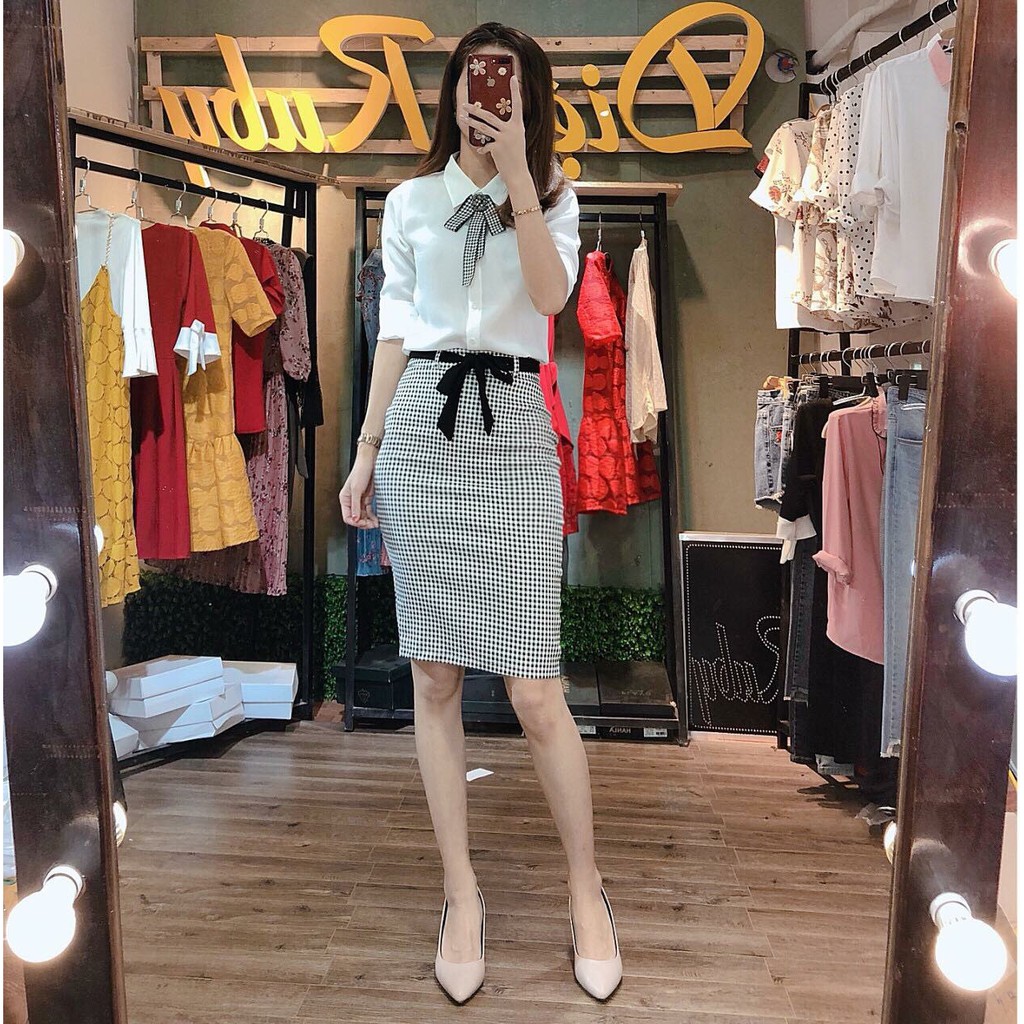 (Có bán rời)Set Sơ mi và chân váy body kẻ kèm nơ CVCC19 | BigBuy360 - bigbuy360.vn