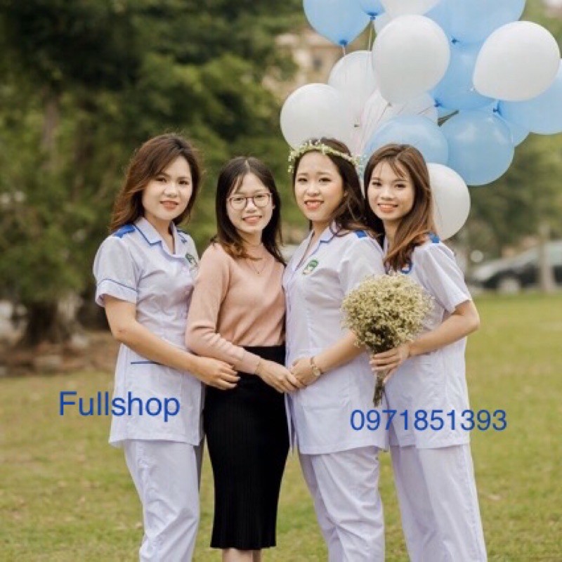 Bộ quần Áo blouse điều dưỡng nam nữ viền xanh có cầu vai - áo điều dưỡng, y tá thực tập sinh có cầu vai