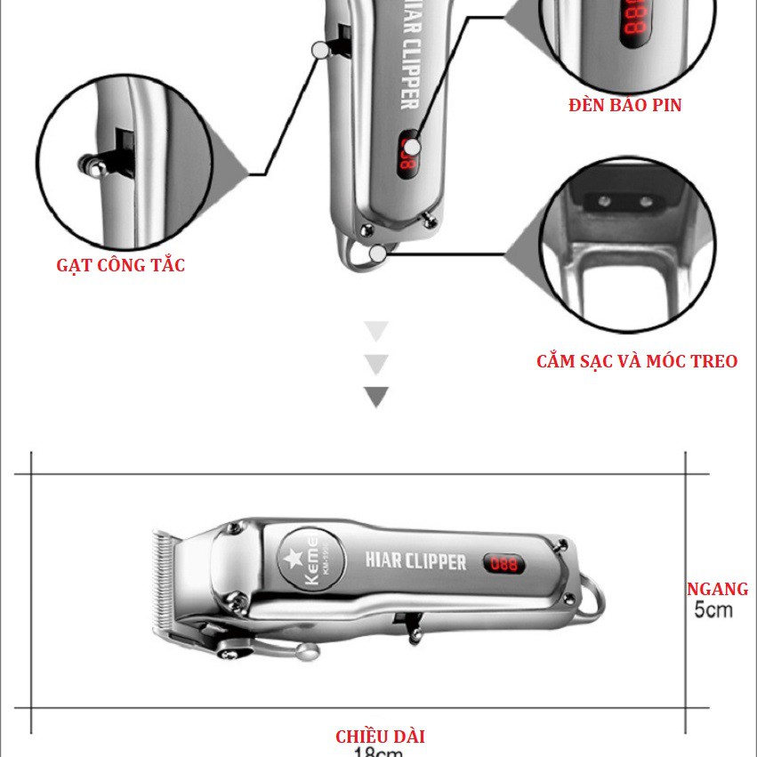 [TẶNG 4 MÓN] Tông Đơ Cắt Tóc Của Mỹ Kemei KM 97 Thương Hiệu Nổi Tiếng.  Máy Chạy Êm, Lưỡi Thép Sắc Bén, Pin Dùng Trên 2h
