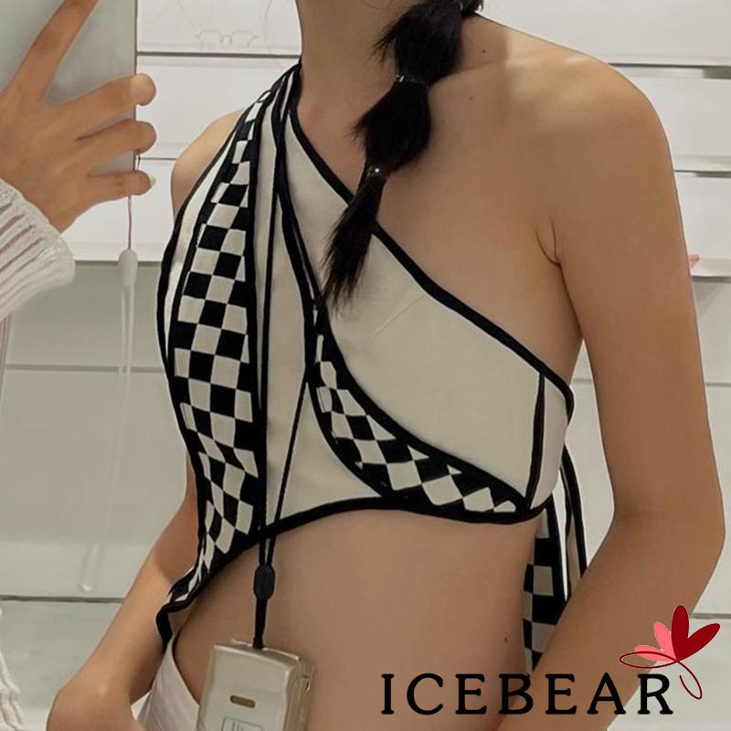 Áo Lửng Không Tay Vạt Thắt Nút Sau Lưng Họa Tiết Caro Thời Trang Mùa Hè Cho Nữ