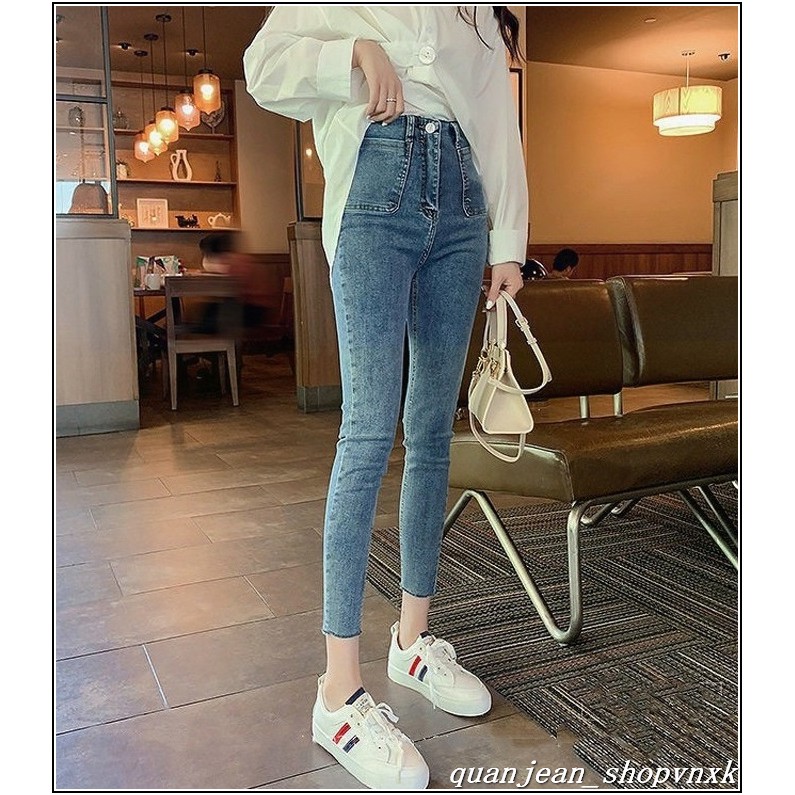 Quần jean nữ 1 CÚC + 2 TÚI KIỂU VUÔNG BẦU lưng cao qua rốn MS126-5