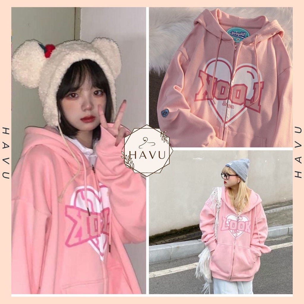 Áo khoác nỉ cotton dài tay oversize in look - Jacket mùa đông thiết kế form rộng, mũ trùm 2 lớp, màu sắc nổi bật cá tính