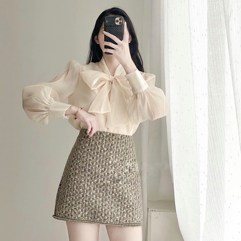 Áo sơ mi dài tay phong cách thời trang công sở, sơ mi cổ nơ chất liệu tơ ánh Hàn mềm mịn A11