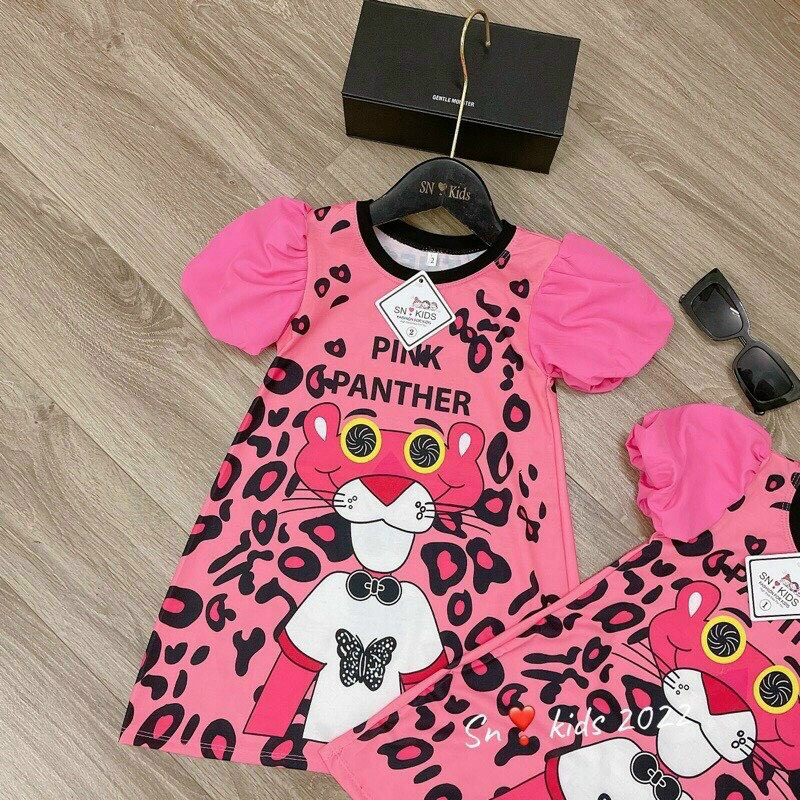 đầm dáng suông rộng chú báo hồng tay phồng k