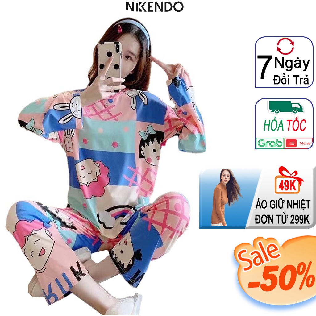 đồ bộ nữ Dài tay mặc nhà form rộng , Bộ Pyjama Nữ Tay Dài Áo Thun + Quần Dài Nikendo CO6