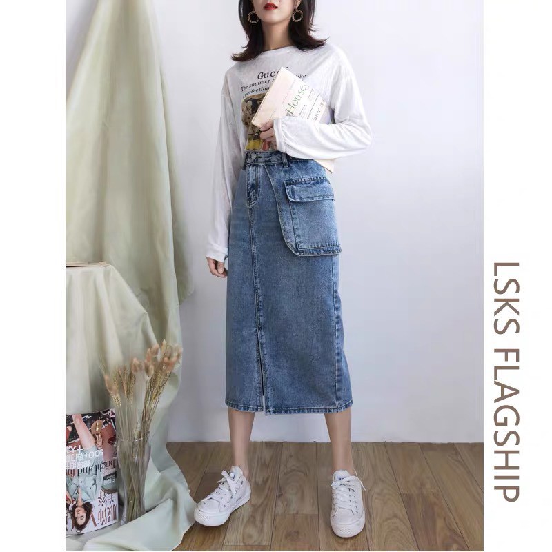 [ORDER] (HÌNH THẬT) Chân váy jeans midi dáng dài váy jean có túi