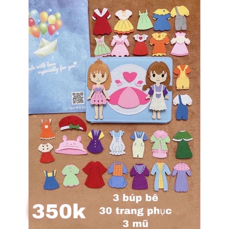 Sản phẩm bộ thiết kế thời trang bằng vải cho bé gái ( Thiết kế thời trang cho búp bê vải bộ 30 trang phục,3 búp bê,3 mũ)