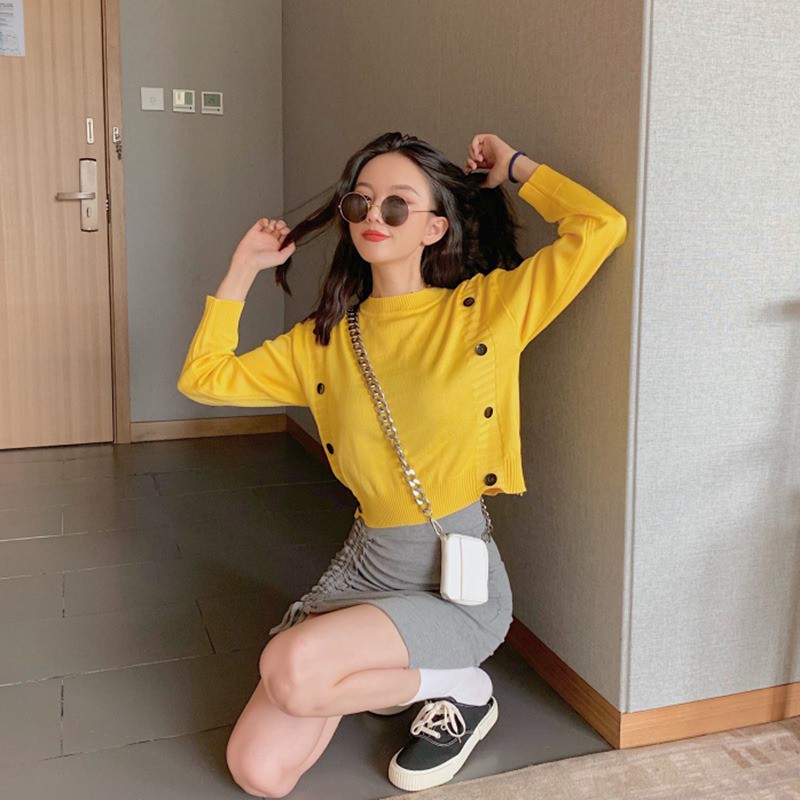 Women Long Sleeve Cute Solid Color Loose Round Collar Button Sweater | BigBuy360 - bigbuy360.vn