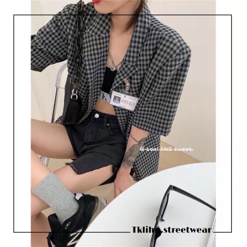 Áo khoác blazer ngắn tay ulzzang kẻ sọc caro fashion 2021 Áo khoác vest ulzzang ngắn tay