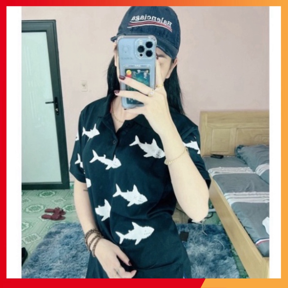 Áo polo đen trắng, tay ngắn, chất cotton thoáng mát, áo unisex đẹp cao cấp in cá mập 5D cực sịn sò