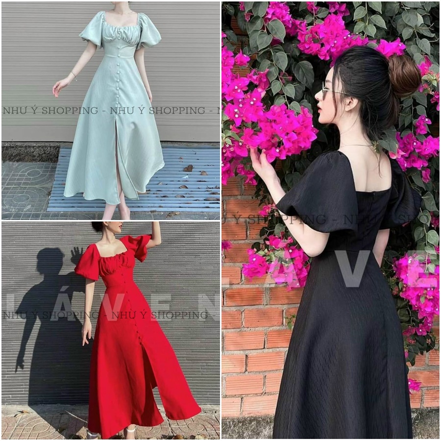 Đầm tay phồng đóng nút xẻ tà thanh lịch trẻ trung 3 màu free size dưới 55kg