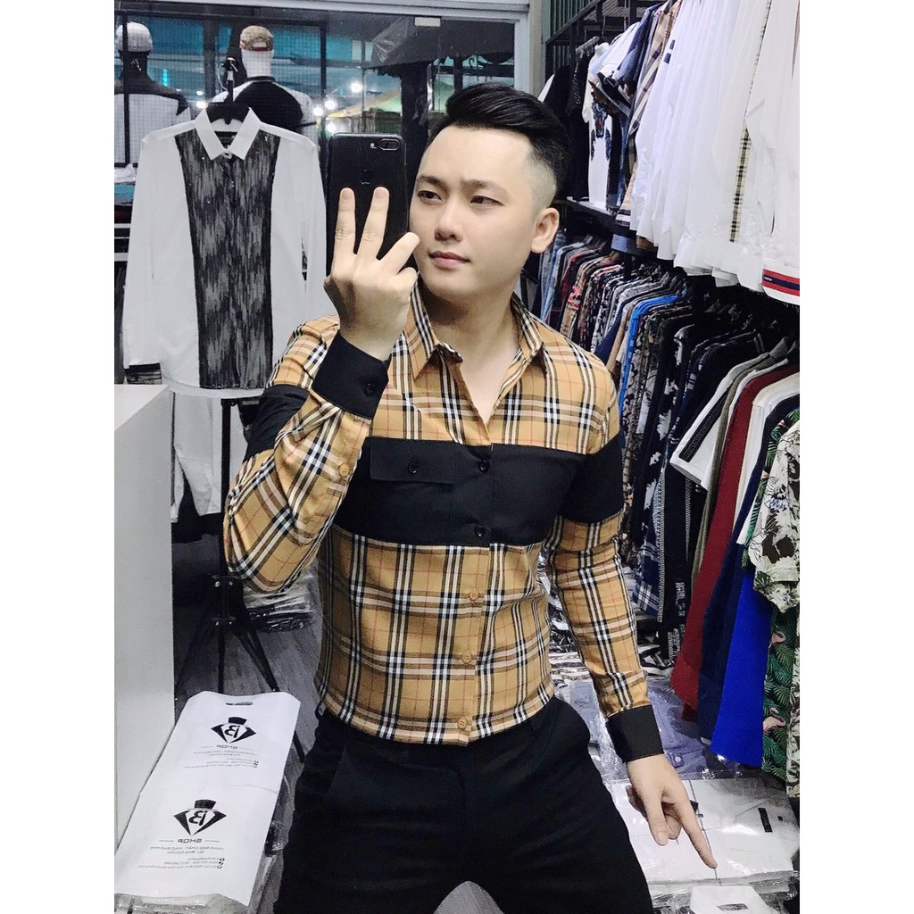 Áo Sơ Mi Nam Dài Tay Vải Lụa Cao Cấp, Áo Sơ Mi Họa Tiết BBR Caro Vàng Đen, Có Túi Dáng Ôm Form Body, Siêu Ngầu