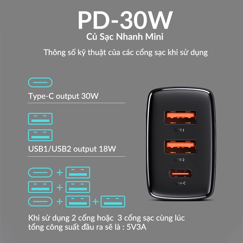 Củ Sạc Nhanh 3 Cổng Baseus Compact 30w Usb Chân Cắm Type C Hỗ Trợ Qc3.0 Pd3.0 Cho Điện Thoại Máy Tính Bảng Njoyshop