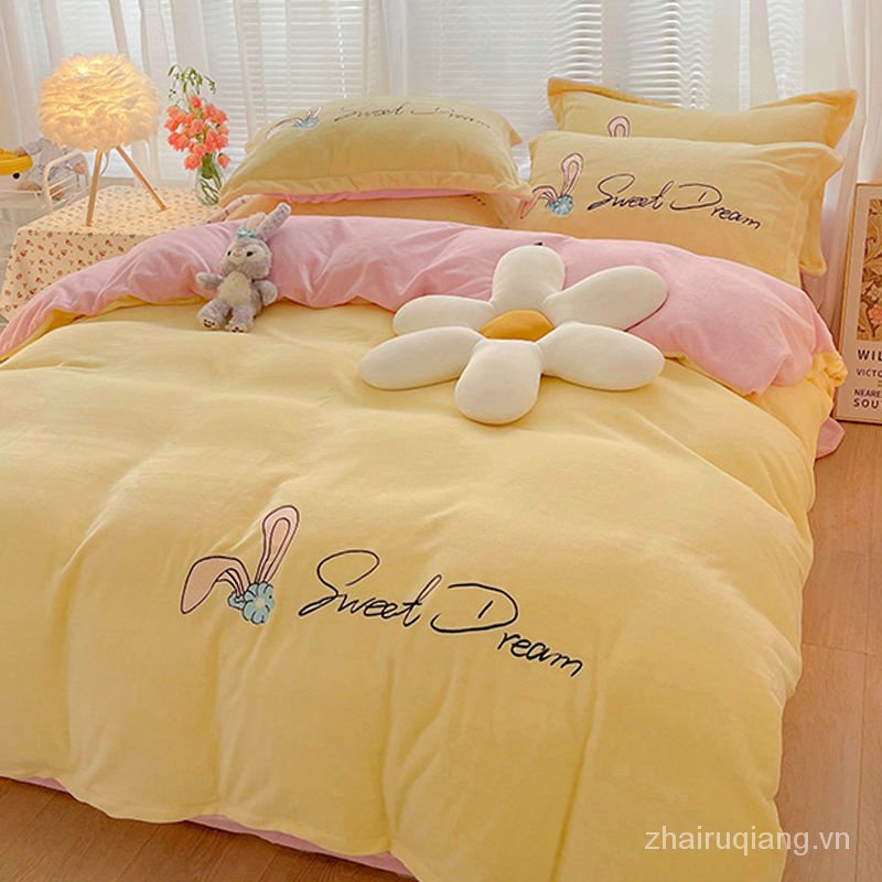 Spot Bộ chăn ga và vỏ gối bằng vải nhung hai mặt họa tiết hoạt hình dễ thương N12n