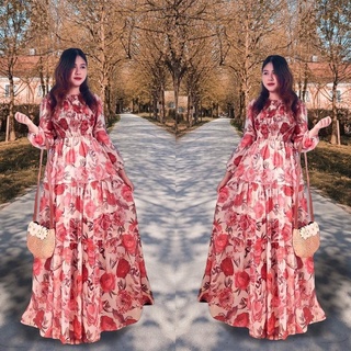 Đầm maxi hoa xoè (SIZE S-M-L) nhúng ngực tay dài phồng Hàng Thiết Kế