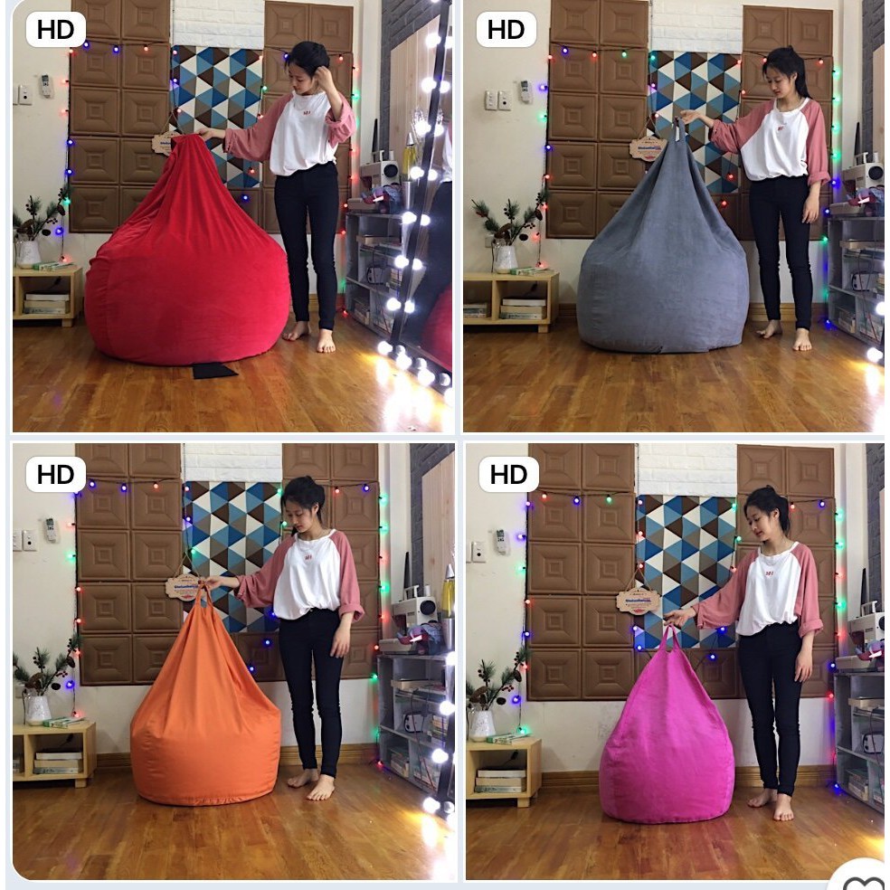 Ghế lười hạt xốp da lộn trơn màu màu hồng nhạt size nhỏ đã có vỏ ghế + hạt xốp đầy đủ