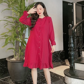 váy dáng suông dài tay cổ tròn bo tay thắt nơ chất nhung tăm