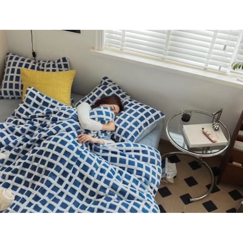 Set Bộ Vỏ Chăn Ga Gối Nỉ Nhung Sữa Kẻ Ô Cao Cấp, Chất Nhung Mềm, Ấm Áp_shinbedding