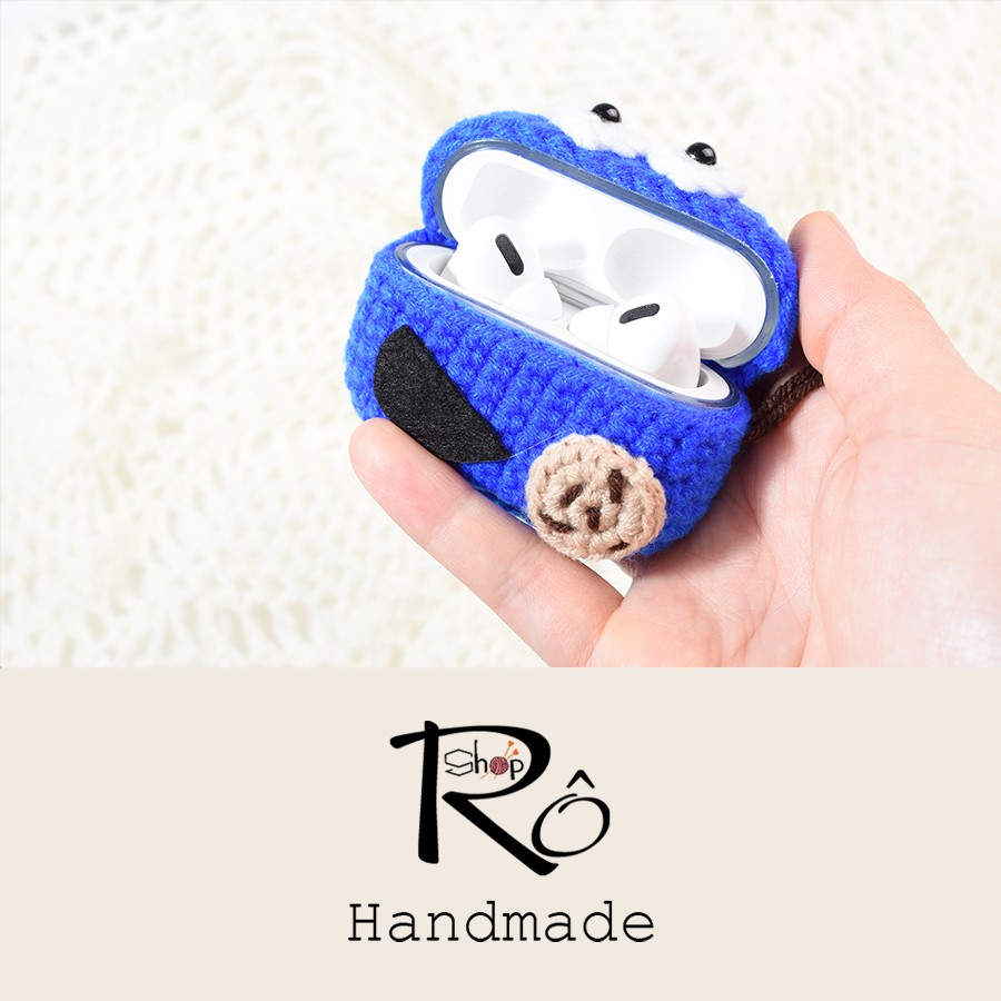 Túi đựng tai nghe Airpods Pro len Handmade, vỏ bảo vệ hình quái vật xanh ăn bánh qui Cookie Monster [Ảnh thật+Hàng sẵn]