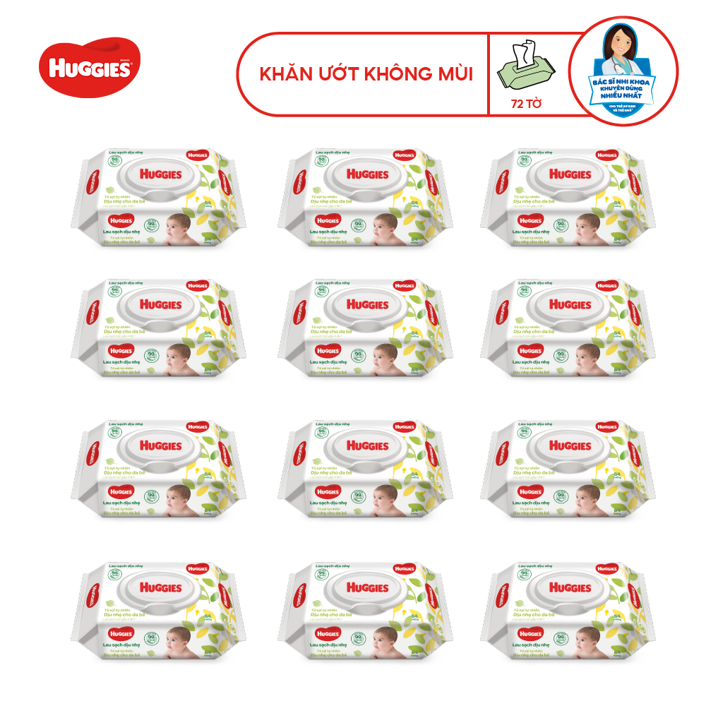 [Mã MKBHUGT8 giảm 5% đơn từ 300K] Thùng 12 gói Khăn ướt Huggies không mùi (64 miếng/gói)