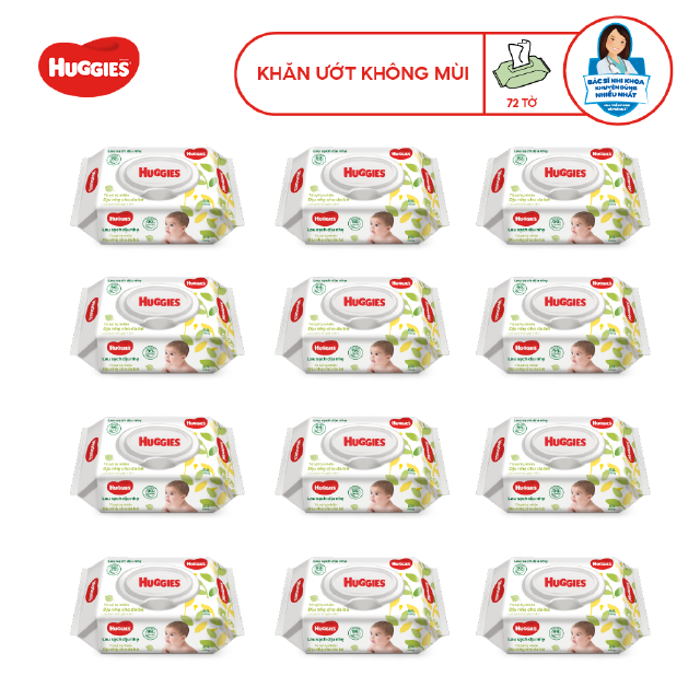 Thùng 12 gói Khăn ướt Huggies không mùi (64 miếng/gói)