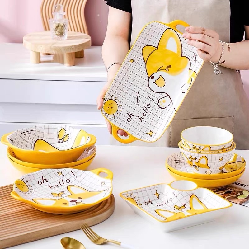 Set Bát Đĩa Decor Chén Dĩa Sứ Hoạ Tiết Chó Corgi Vàng Bát Ăn Cơm Tô Sứ Decor Dễ Thương