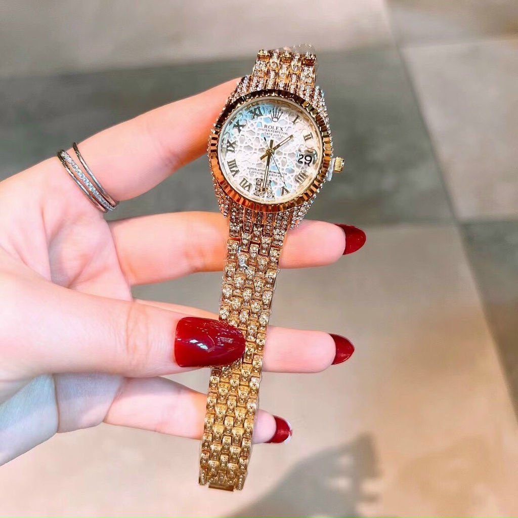 Đồng hồ nữ Rolex size 30mm máy quartz, full đá sáng, khung + dây thép, sang chảnh hết sức