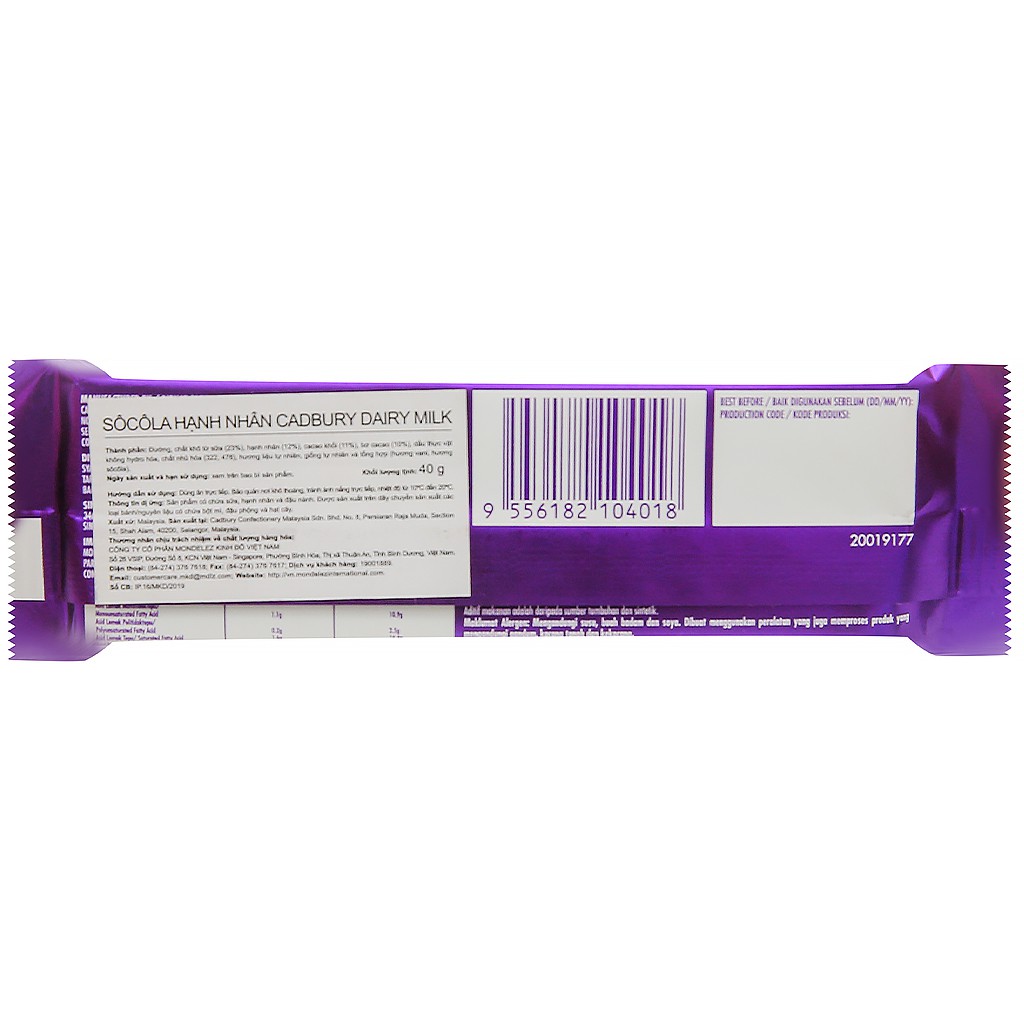 ( 2 Thanh ) Socola hạnh nhân Cadbury Dairy Milk thanh 40g