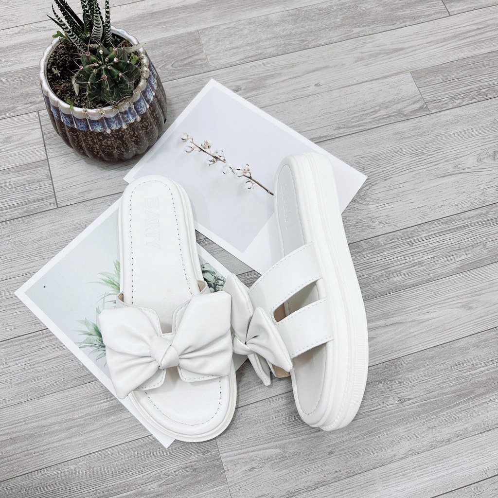 Dép nữ đế bánh mì thắt nơ quai ngang cao 3 phân da mềm siêu nhẹ hot trend HIBEE