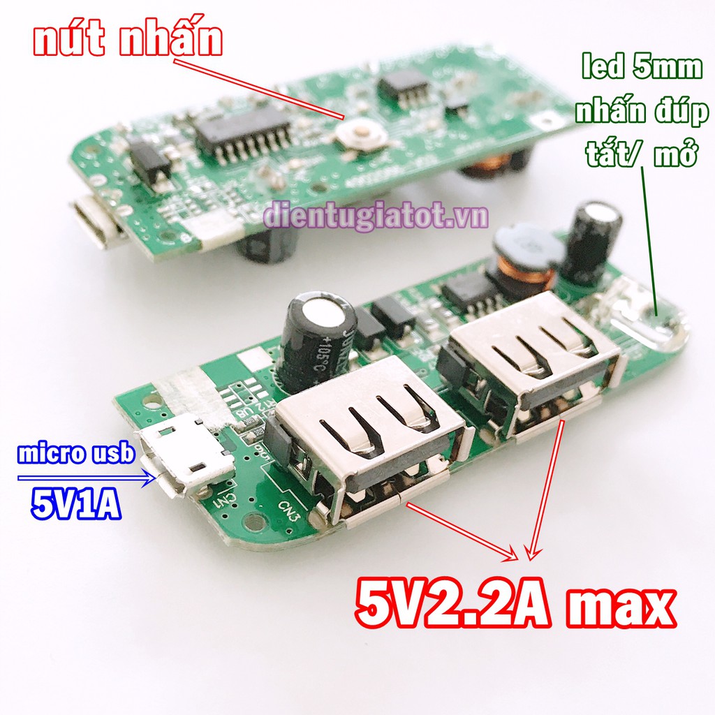 Mạch sạc dự phòng 5V2.2A 2 cổng giá rẻ - mạch mới