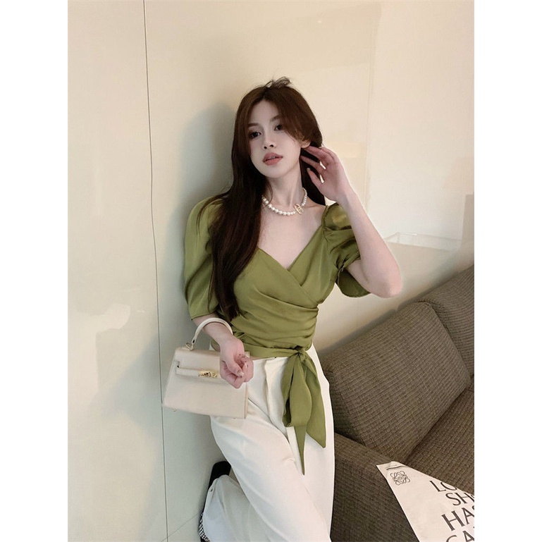 Áo Sơ Mi Tay Ngắn Phồng Cổ Chữ V Thắt Nút Chất Liệu Satin Kiểu Dáng Mới