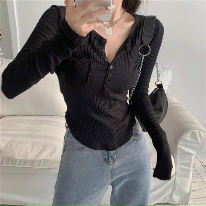 [Hàng chuẩn] Áo len tăm cúc túi ngực ❣️Áo len tăm body dài tay tôn dáng- hinhin | BigBuy360 - bigbuy360.vn