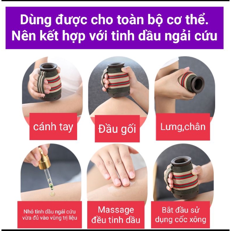 Cốc xông ngải cứu trị liệu gốm cát tím cao cấp, hộp ngải đoạn 108 viên