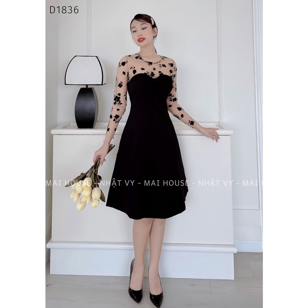 Đầm Đi Tiệc NHẬT VY Dáng Xòe Tay Lưới Hoa Nổi Chất Cotton Màu Đen, Đỏ -  D1836