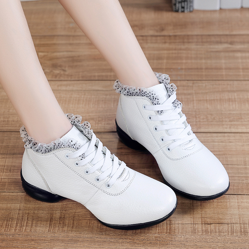 WOVO Giày khiêu vũ Jazz da phong cách Hàn Quốc Giày thể thao nữ màu đen trắng cao cấp Size 34-41