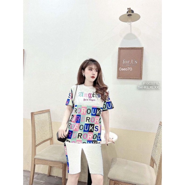 Set bộ thun lỡ viền áo phối họa tiết chữ tay ngắn 1002
